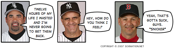 Jose Guillen’s White Sox lost both games of a doubleheader against the Red Sox, and Joe Torre’s Yankees took a loss in 11 innings after a four-hour rain delay.