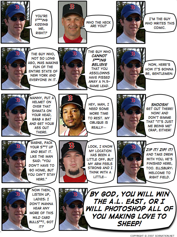 Boston Red Sox manager Terry Francona’s explanation for leaving pitcher Eric Gagne in the game long after the wheels fell off almost certainly will not satisfy the legions of fans who watched the lead over the New York Yankees shrink to 2 1/2 games in the AL East with 10 to play (the Yanks have 11). Those fans probably weren’t mollified by the news of the Detroit Tigers’ loss to the Cleveland Indiants, which means the Sox’ magic number to clinch a postseason berth is down to 4. Any combination of Sox wins and Tiger losses totaling four, and the Sox are assured of a spot in the October tournament.