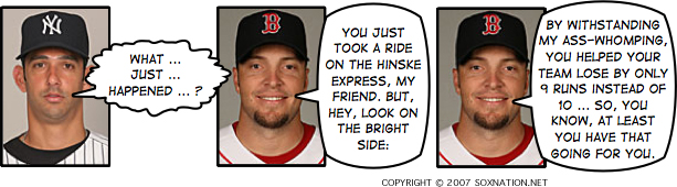 To his everlasting credit, Jorge Posada somehow held onto the ball. But as a symbol of the Red Sox’ ferocious response to their late-inning meltdown the night before, nothing yesterday afternoon can eclipse the sixth-inning play of Eric Hinske, the former running back who starred for Menasha (Wis.) High School and let his football instincts take over when he lowered his left shoulder and leveled the Yankees catcher while trying to score on a grounder.
