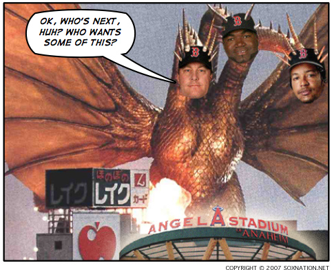 Curt Schilling, Manny Ramirez, David Ortiz and the Boston Red Sox swept the Los Angeles Angels of Anaheim with a win in Game 3 of the 2007 ALDS.